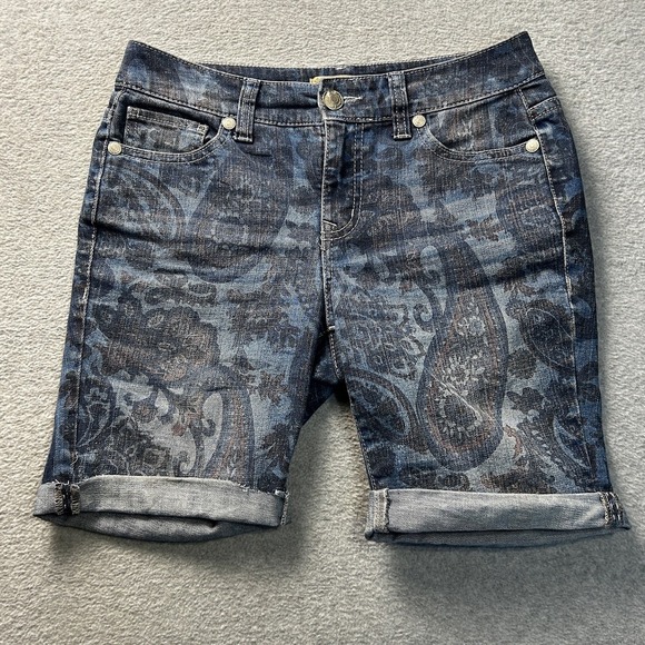 Nine West Vintage America Collection Pants - Denim Shorts Womens‎ 4/27P Boho Paisley Print Rolled Cuff Blue Vintage America